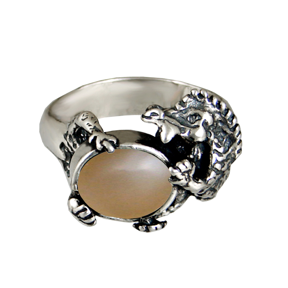 Sterling Silver Dragon Ring With Peach Moonstone Size 8